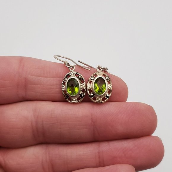 Jewelry - 925 Sterling Silver Green Glass And Marcasite Dangle Earrings